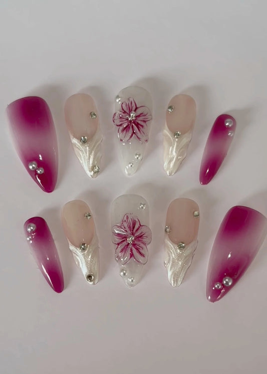 Floral french pink and white aura press on nails